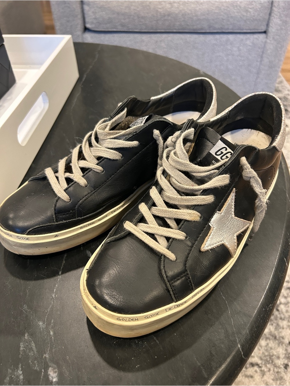 Golden Goose Black Leather Hi Star Sneakers with Silver Star Sz 40 , Sz 10 W